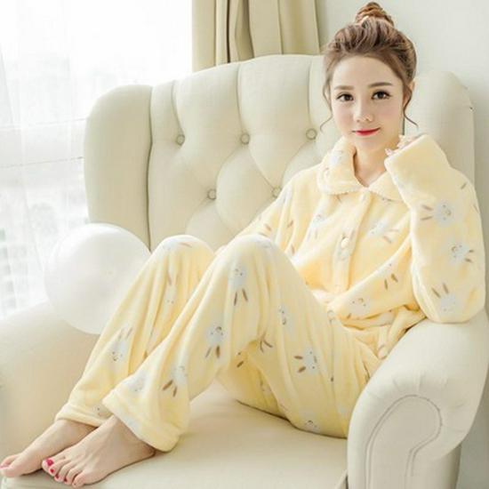 Women's Coral Fleece Pajamas: Warm, Thick Cardigan Lapel Homewear Set for Autumn and Winter