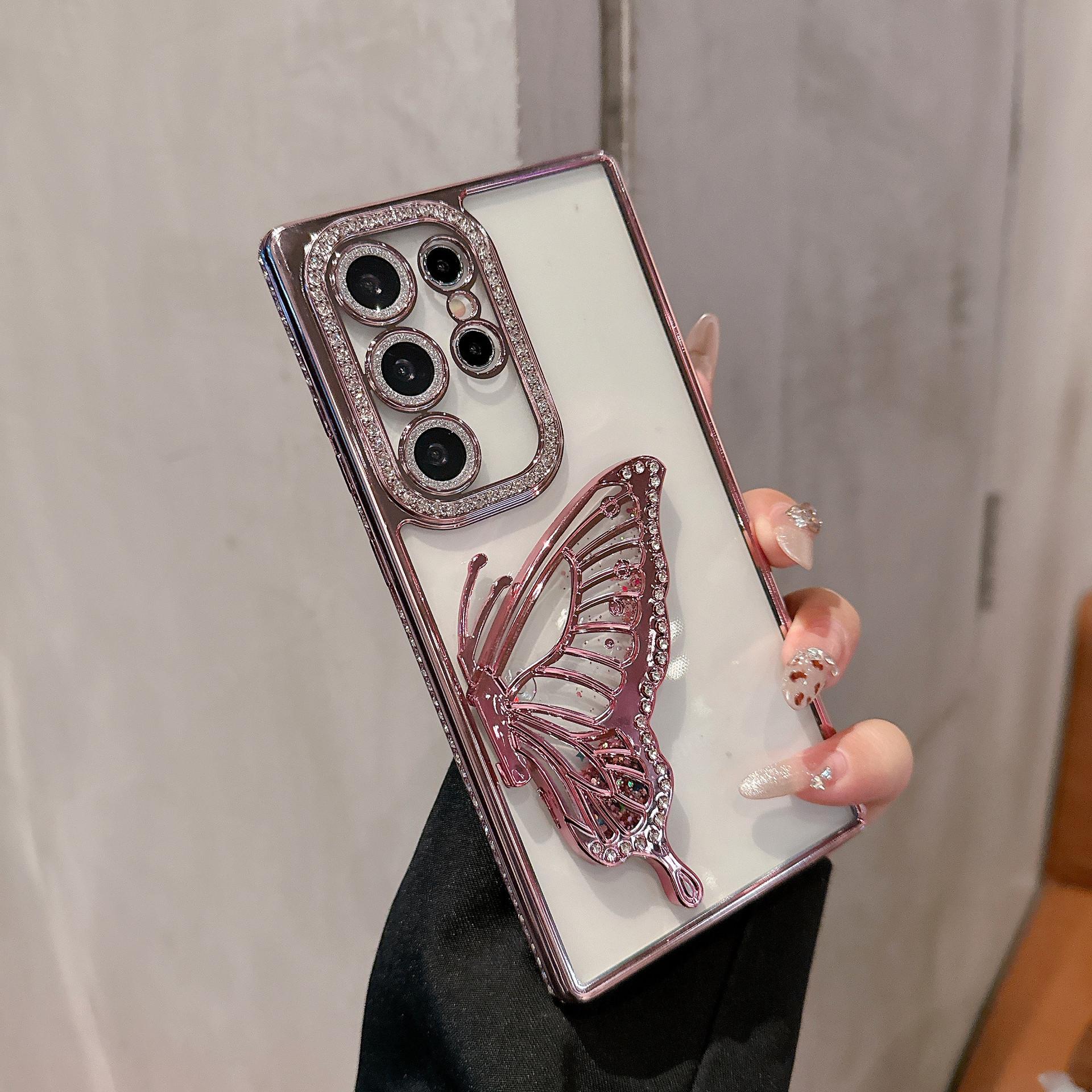 

Suitable for Samsung S25ULTRA Electroplated Rhinestone Frame Glitter Butterfly Stand Mobile Phone Case A55 Full Inclusive Lens Film Samsung A06-4G