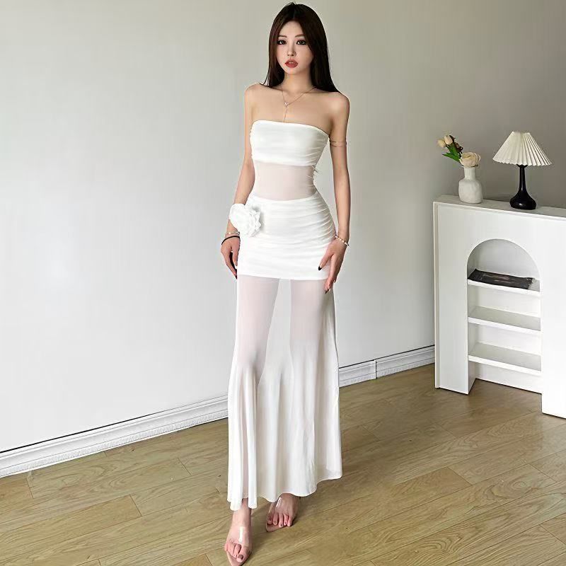 2026 Pure desire style Spice girl three-dimensional rose mesh splicing tube top dress female slim and thin versatile long dress tide