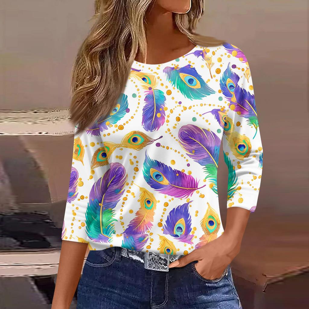 3/4 Length Sleeve Womens Tops Floral Print Vintage Fashion Casual Loose With Round Neck Plus Size Shirts