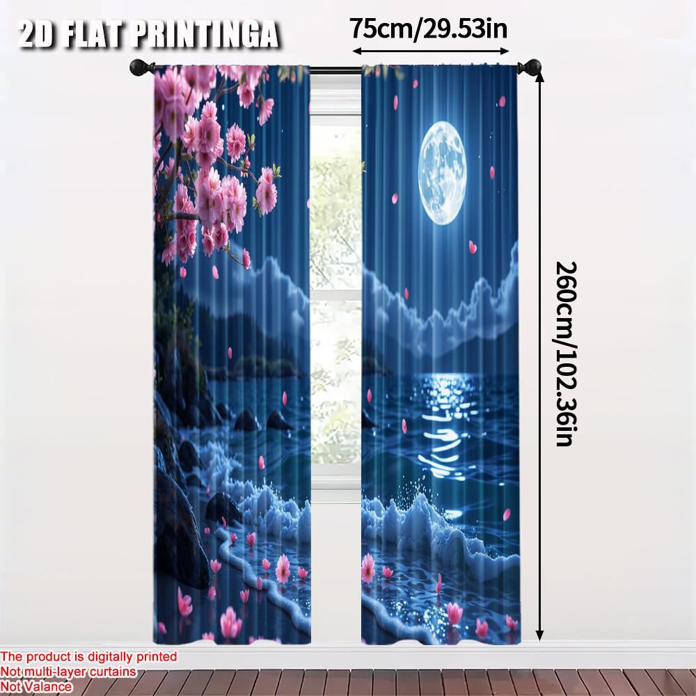 Set Of 2 Flat Printing Curtain Sakura Moon Versatile Durable Polyester Without Electricity Summer Party Decorations Carnival