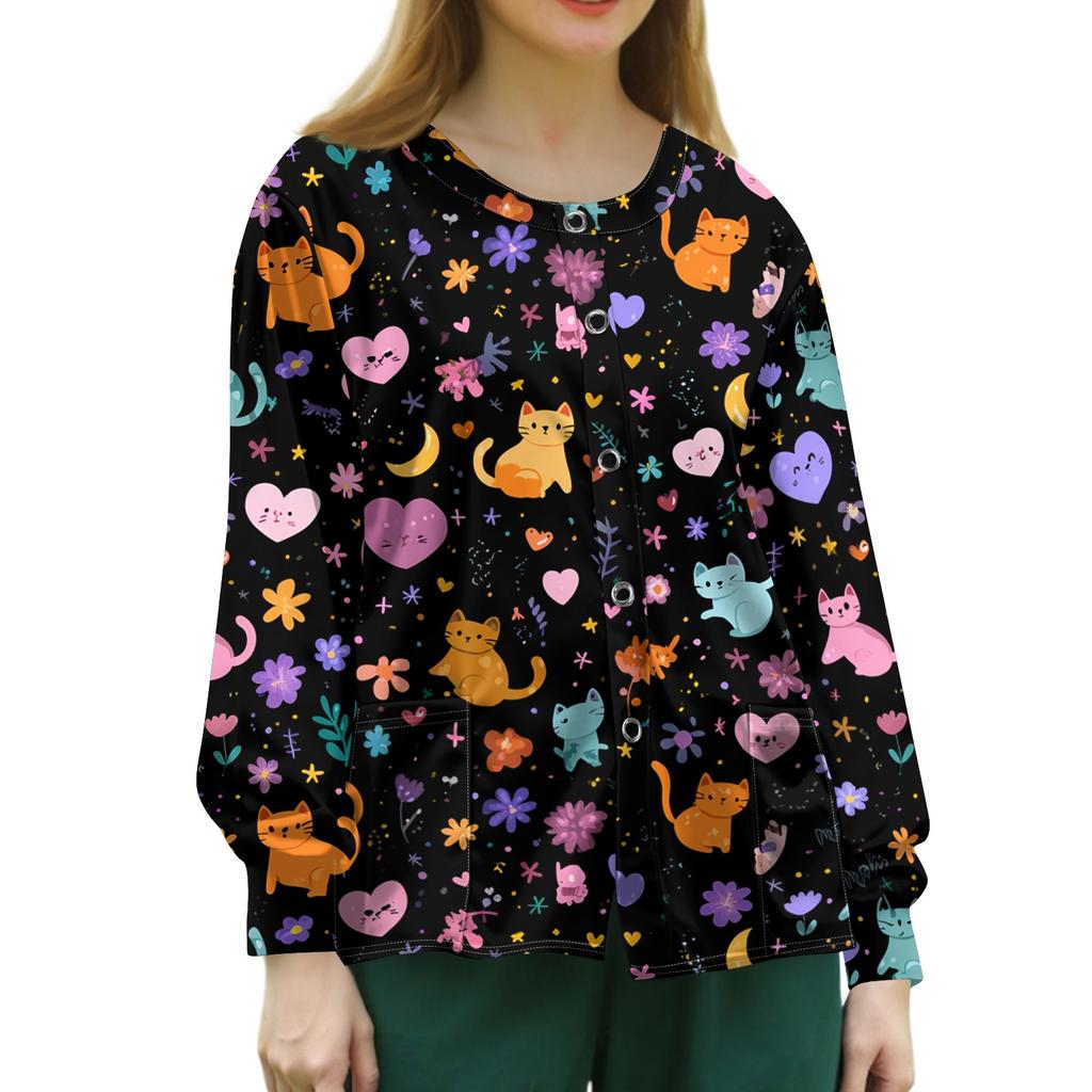 Women's Print Scrub Top - Long Sleeve Single Button Casual Uniform Top for Nurses, Caregivers, and