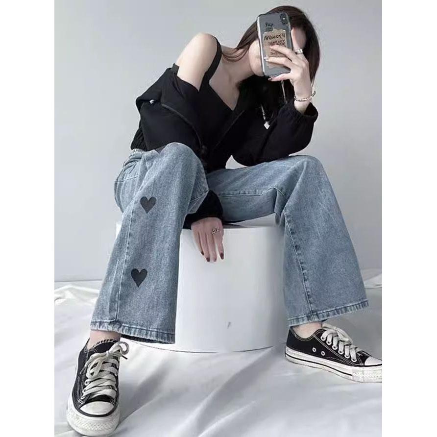 Džíny Ženy Jednoduché Ležérní Rovné Harajuku Heart Print Volné elegantní High Street kalhoty