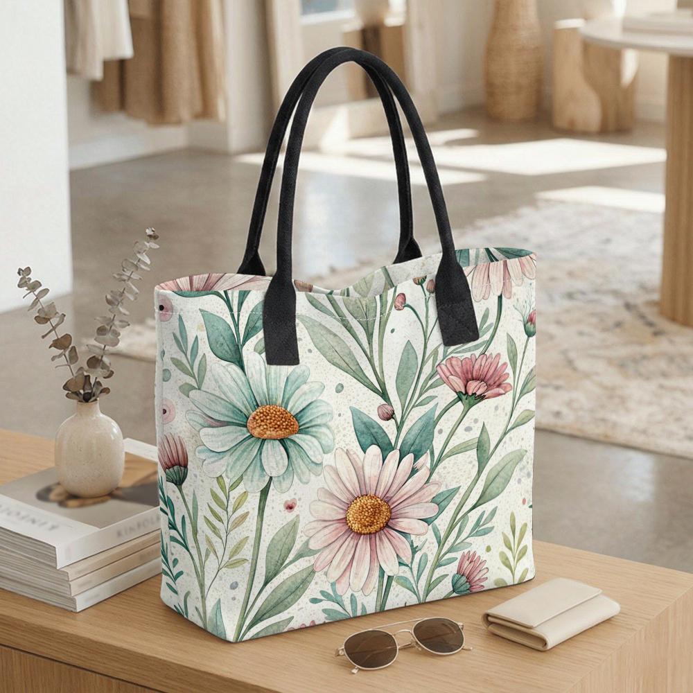  Watercolor Floral Print Canvas Tote Bag Casual Daily Large Capacity Handbag for Women