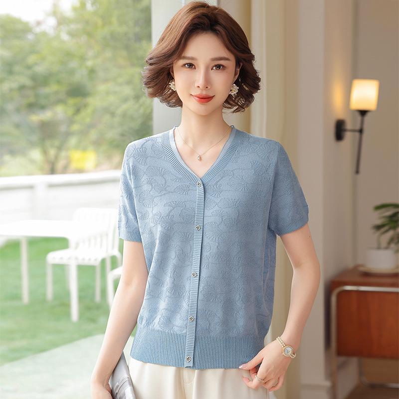 Elegant Lace Embroidery Knit Top - Short-Sleeved Ice Silk Blouse for Middle-Aged Women