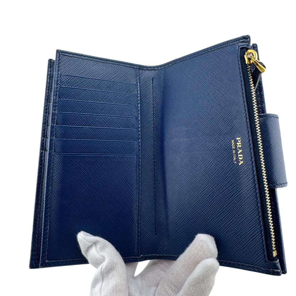 PRADA 1ML005 flap saffiano leather Bifold Wallet blue leather Women Used