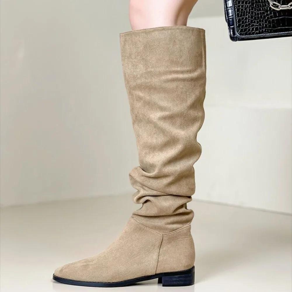 Women's Long Boots Middle Heel Winter 2024 Ladies Knee High Shaft Shoes Autumn Demi-season Large Size Warm Gyaru Designer Luxury