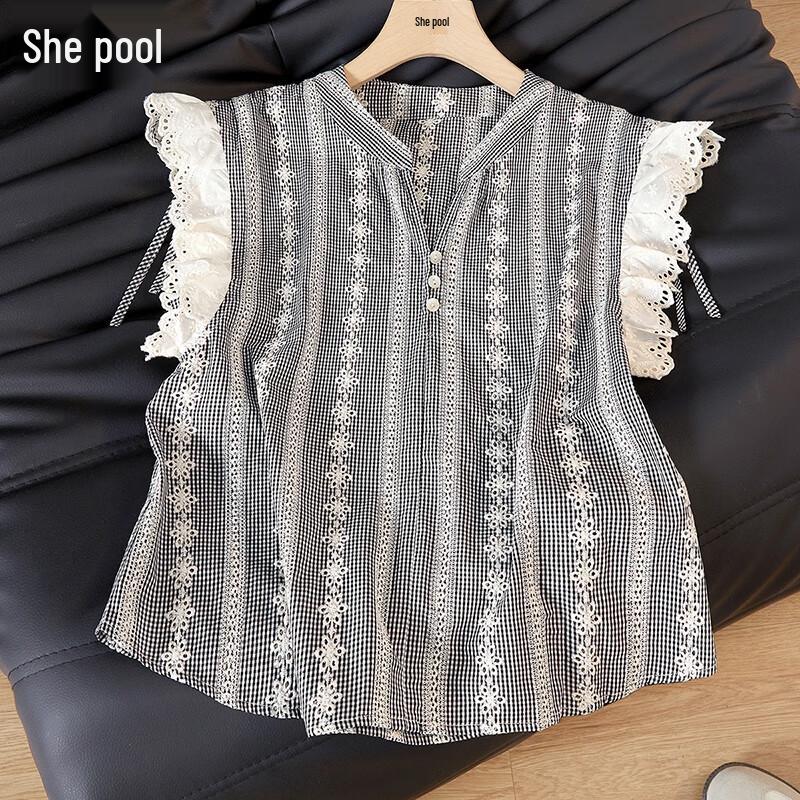 

Women s French Style Lace Plaid Flutter Sleeve Blouse L