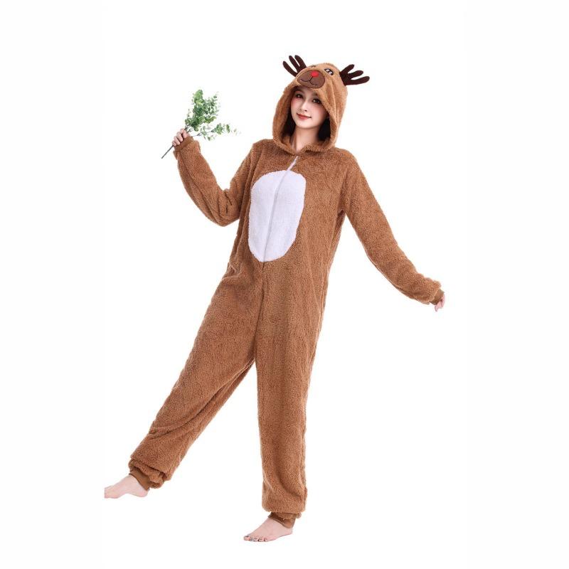 Christmas Dress Up Costume Cute Elk Caribou Flannel Hooded Onesie Stage Costume