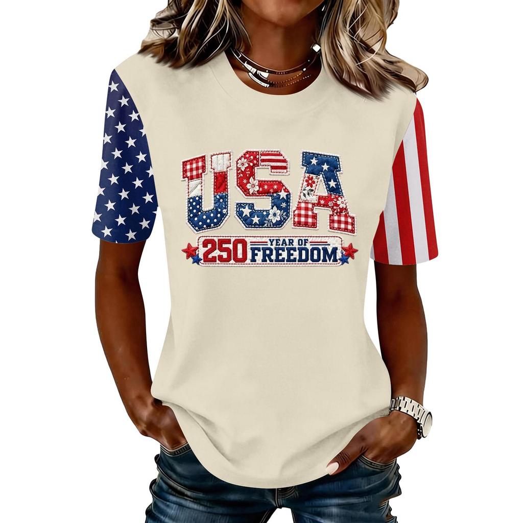 Blusa Feminina da Moda Casual de Manga Curta com Estampa e Gola Redonda