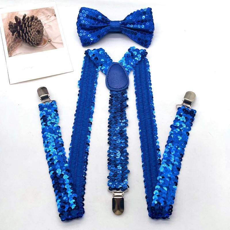 Popular Sequins Suspenders and Bowtie Set for Male with Metal Clip Weddings and Theme Parties Costume Neckwear Accessory