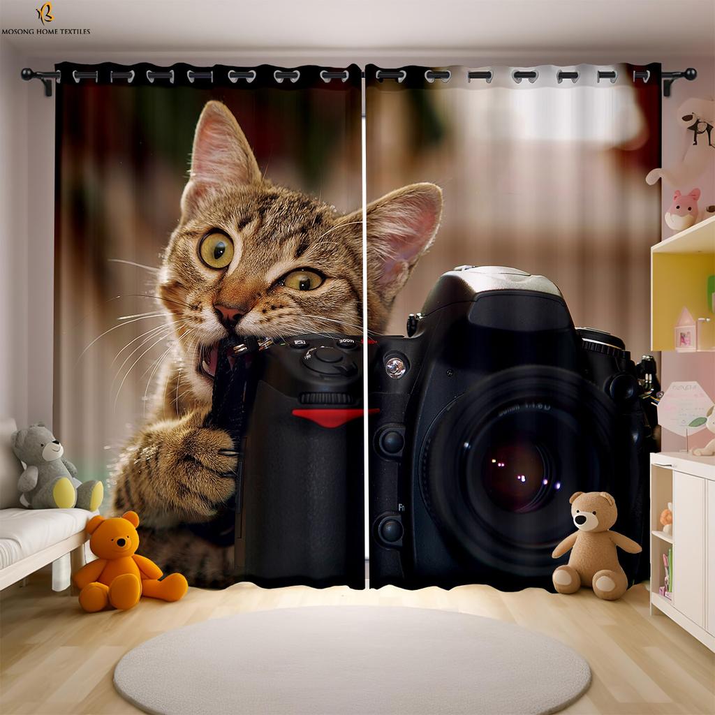 Set Of 2 Cute Funny Cat Printed Curtains Polyester Bedroom Living Room Kids Window Decoration Curtain Perfect For