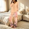 Women's Casual V-Neck Printed Pajama Set Loose Fit Sleepwear for Home