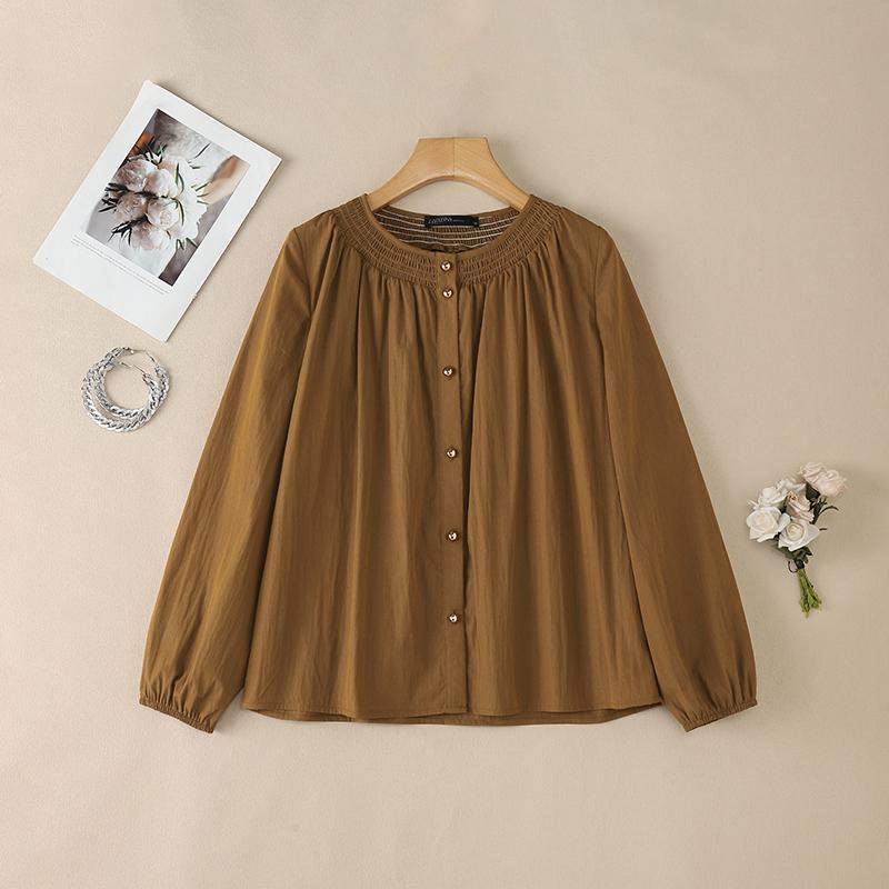 ZANZEA Women Casual Round Neck Solid Color Long Sleeve Blouse