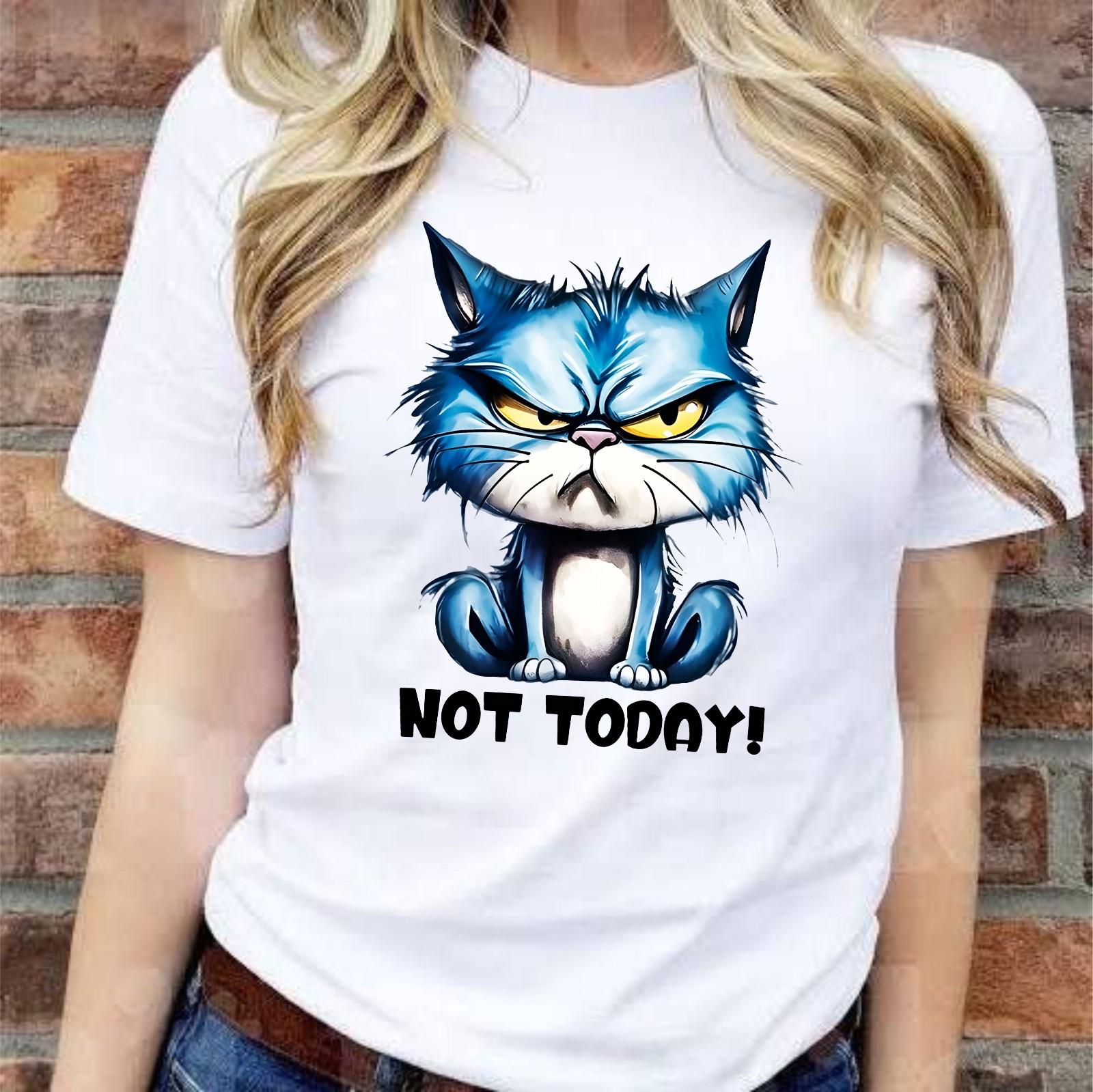 NOT TODAY T-shirt Grumpy Blue Cat Lovers Graphic Top New Womens Men s Gift Tee S