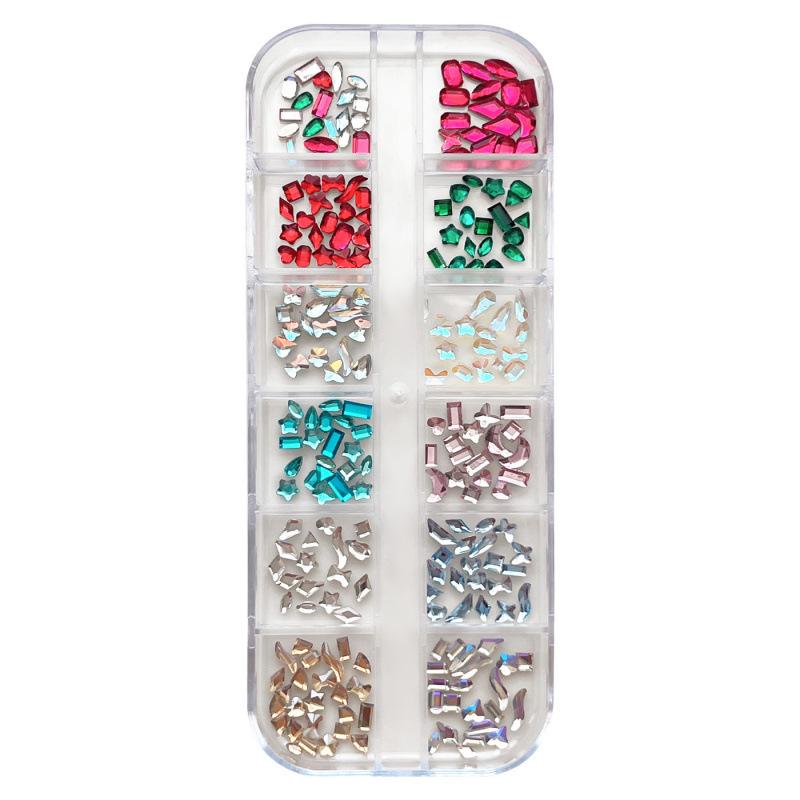 Flat-Bottom Irregular Diamond Nail Art Accessories: 12-Grids Crystal Champagne Pink DIY Nail Drills