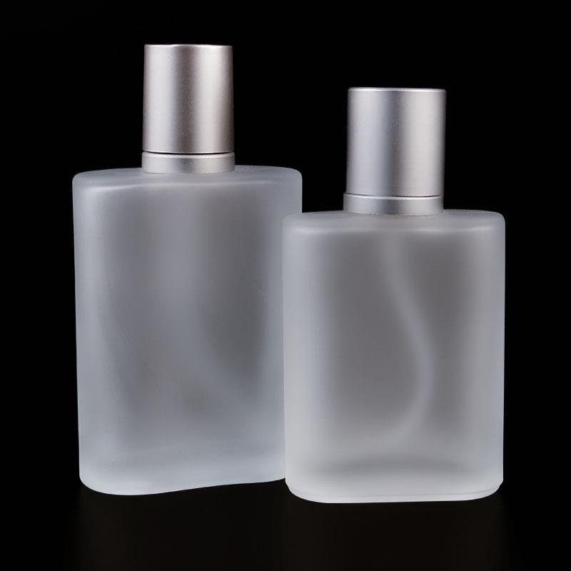 Frosted Glass Perfume Bottles 50ml, Gold & Silver-Gray Caps, Empty Packaging with Screw-top & Spray.