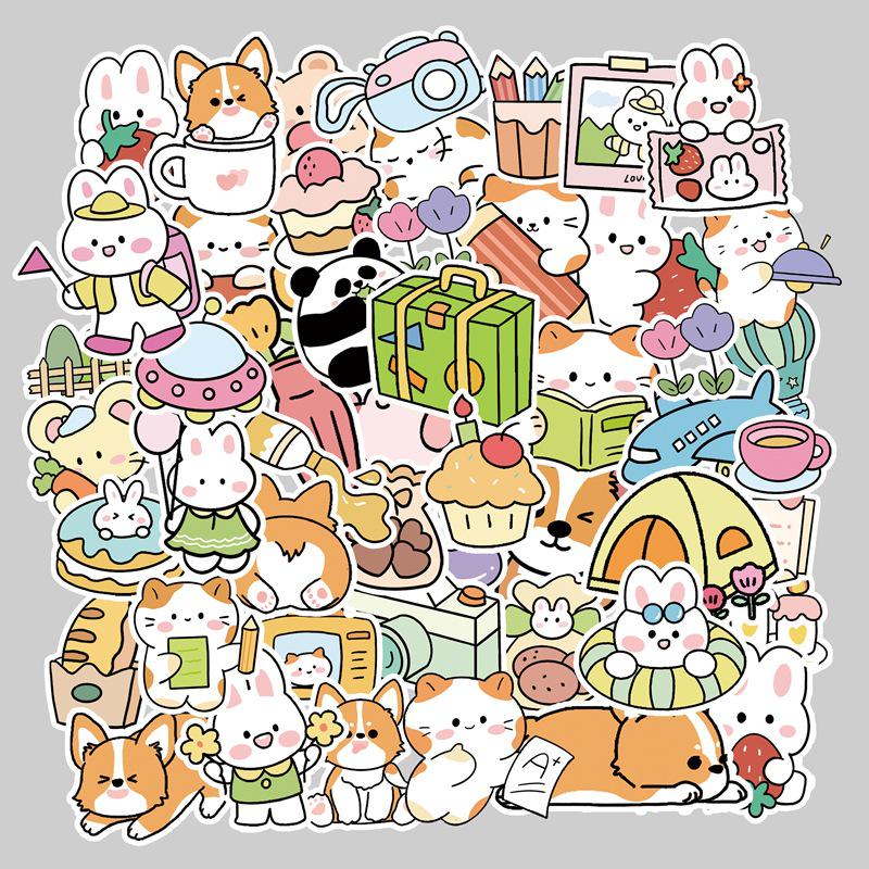 Cute Japanese Animal Squad Journal Stickers - 50 Sheets of Puppy & Rabbit Cartoon Designs for Creative Decoration