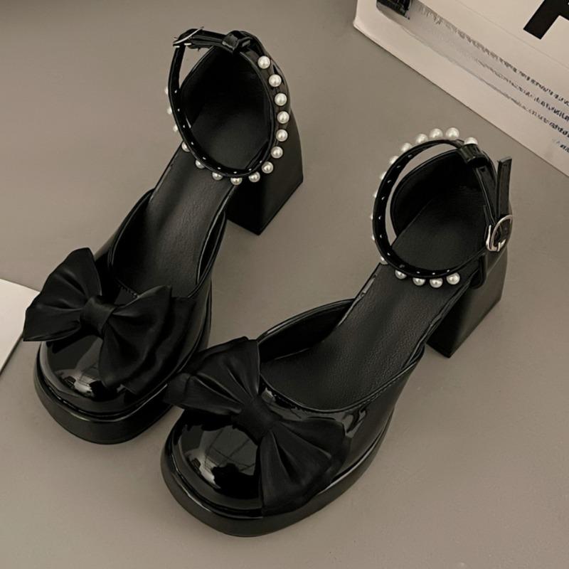 Fashion Waterproof Platform High Heels Summer New Round Head Shallow Mouth Butterfly Knot Pearl Belt Non-slip Single Shoes