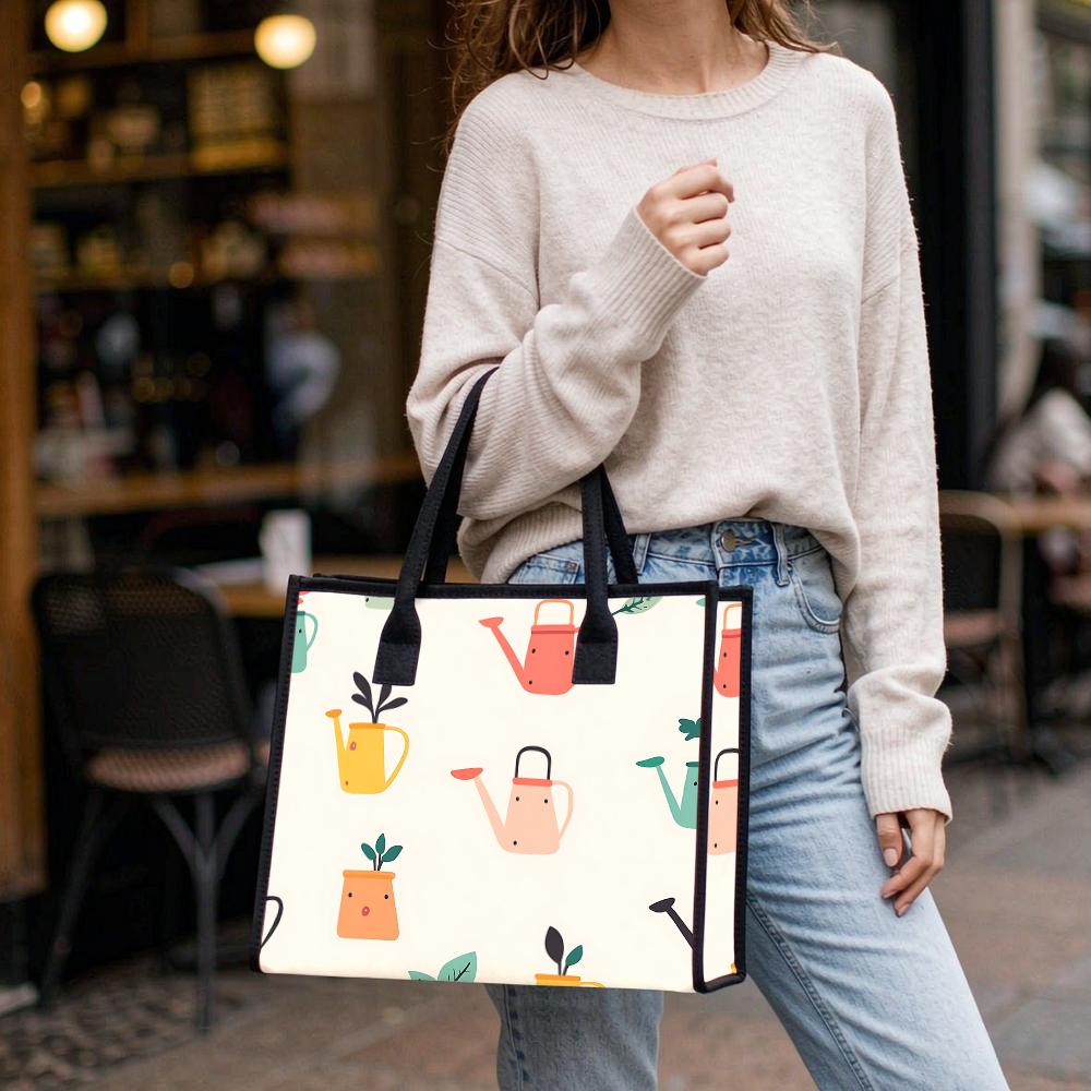 Cute Cartoon Watering Can Printed Tote Bag Portable Casual Daily Handbag for Shopping Travel and Work