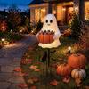 Outdoor Ghost Decorations for Yard Halloween Candy Holder Garden Stake, Cute Glowing with Pumpkin Bowl, Resin Statue Sign Front Porch, Lawn, Pathway,