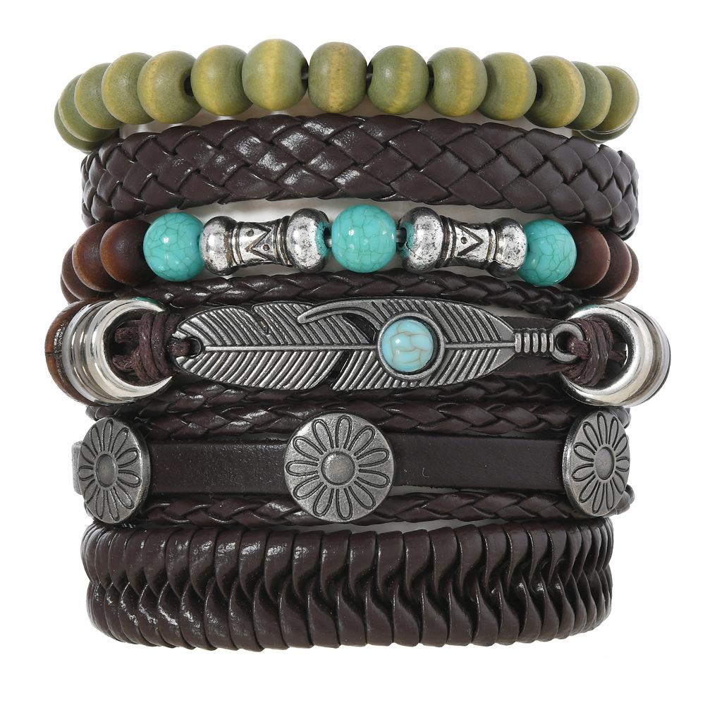 Leather Bracelets for Men Women Handmade Wrap Woven Cuff Bracelets Wooden Beaded Bracelets Vintage Ethnic Tribal Wristbands Bracelet Set Adjustable