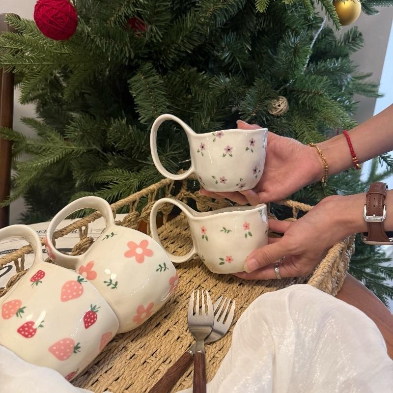 2025 New Collection Ceramic Mug Hand-Painted Flower Strawberry Design Cute Irregular Ceramic Coffee Cup with Large Handle