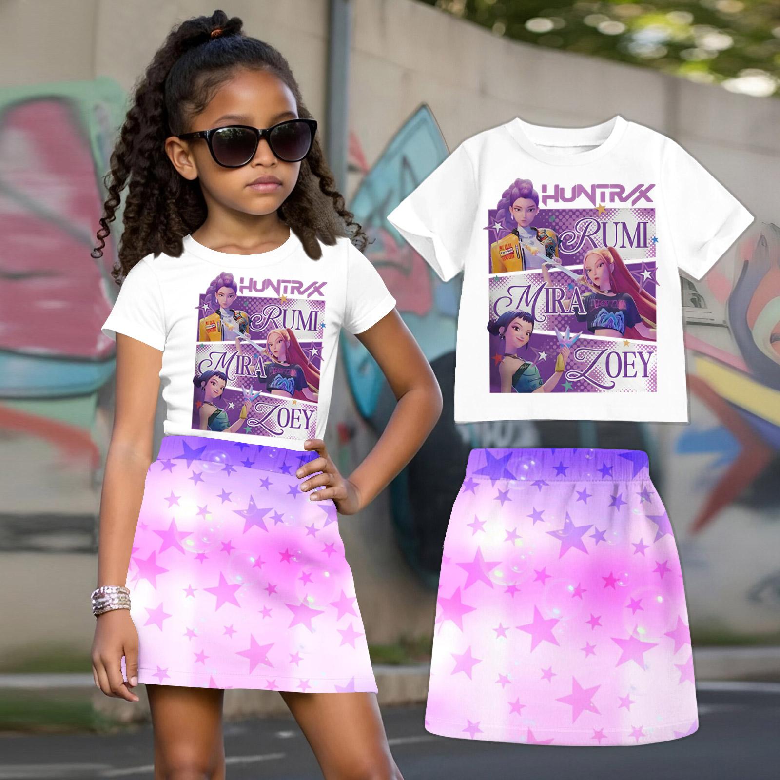 

Witch Children s Printed Loose Casual Fashion Round Neck Short Sleeved Top+Short Skirt Set 150 рожевий