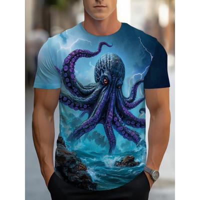 Classic Octopus Print Men'S Tee: Versatile Summer Casual Attire for Outdoor Activities