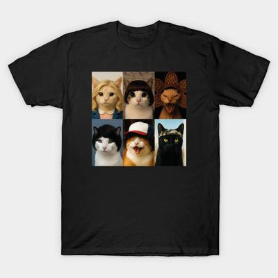 Men Black Print T-shirt Stranger Cats No-Cut Transfer Paper Print Cotton Tshirt