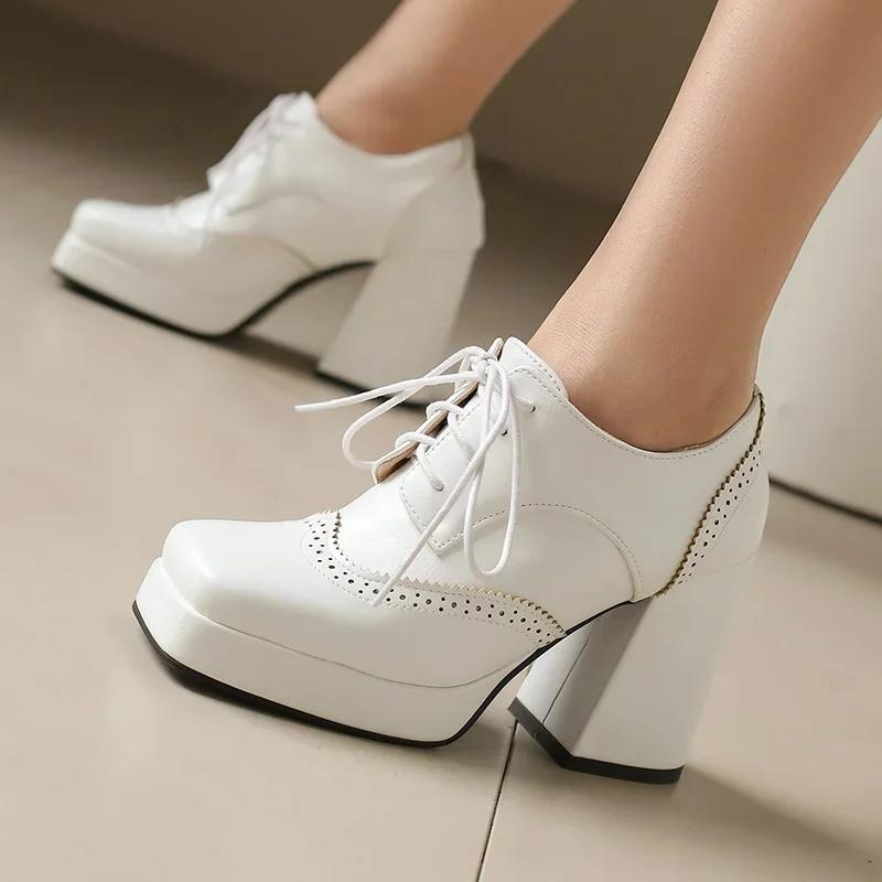 Fashion Red British Women Mixed Color Derbies Women High Thick Heels Pink Silver Oxfords Party Shoes Lace-up Square Toe Platform Brogues