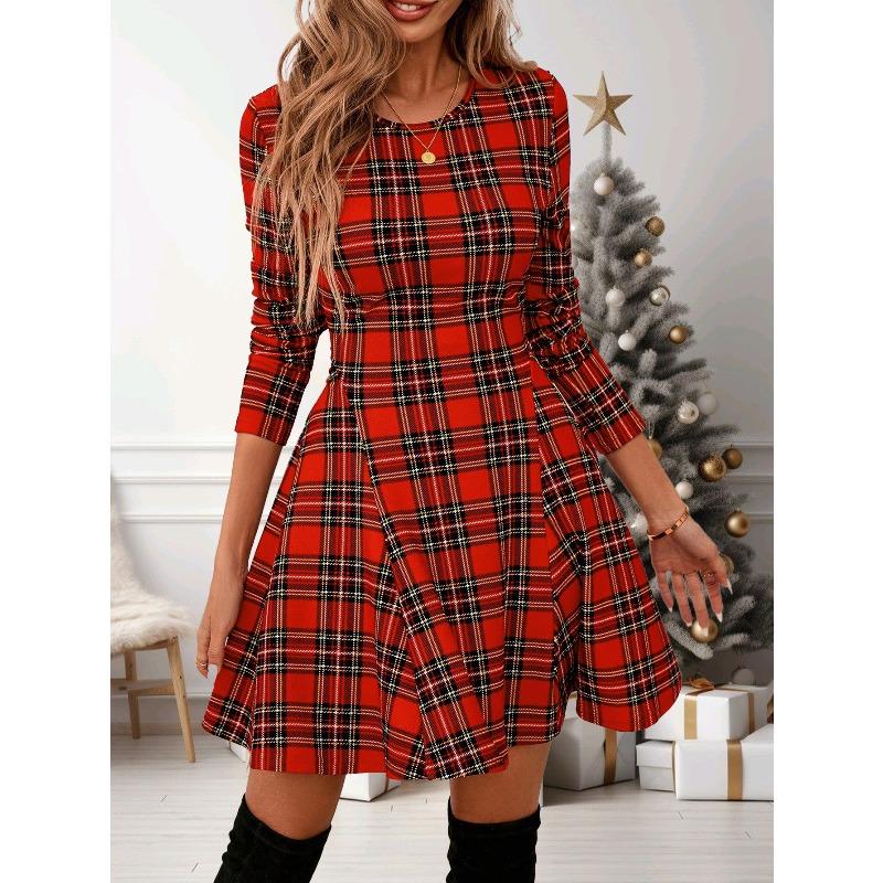 Women's Cute Red Plaid Long Sleeve Dress, Christmas - Vibe Swing Mini Dress, Super Comfy for Holiday Parties & Daily Wear