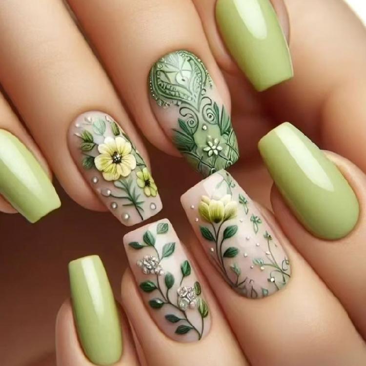 24 Pcs Glossy Full Cover False Nail Mediuim Square Press On Nail Flowers Stick On Nail Green Acrylic Nail