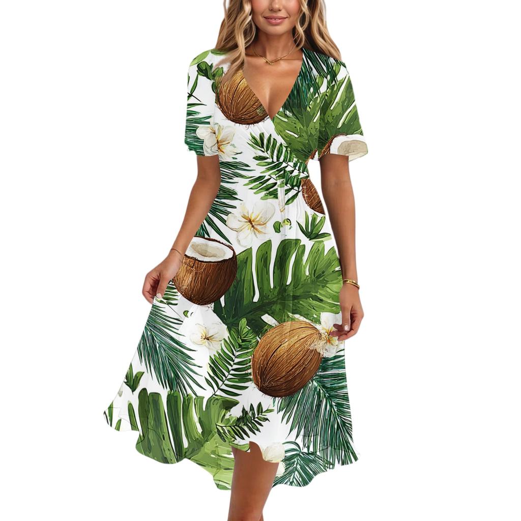 Vestito Casual da Donna con Scollo a V a Maniche Corte, Stampa Hawaiana, Lunghezza Midi, Estivo da Spiaggia, con Vita Elastica e Tessuto Leggero
