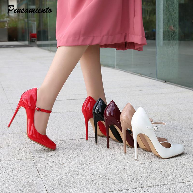 Big size 35-46 Mary Janes Women Pumps Round toe Patent leather 12cm High Heels Spring Summer Office Lady Shoes