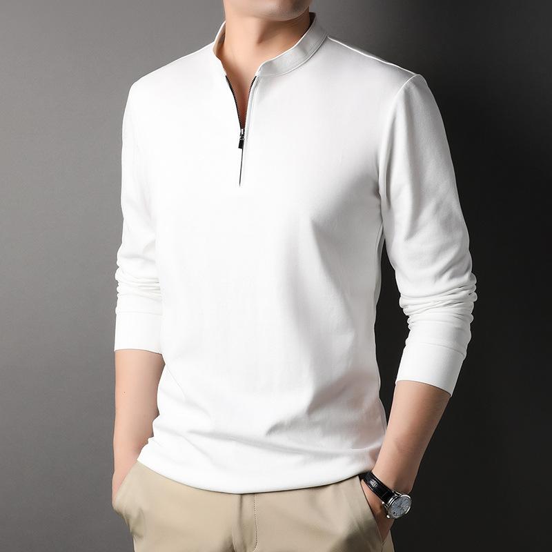 Autumn Zipper Stand Collar Men's T-shirt for Young and Middle-aged People Casual Solid Color Thin Cotton Long-sleeved Bottoming Shirt Men's Sweatshirt