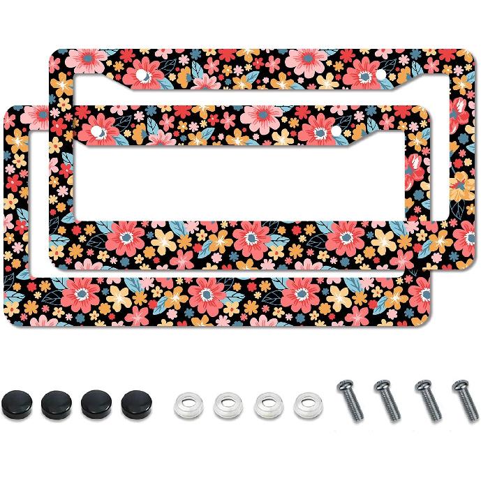 Floral License Plate Frame,Colorful Flowers Cute License Plate Frame 2 Pack Car Accessories Aluminum License Plate Covers for Men Women 2 Holes with