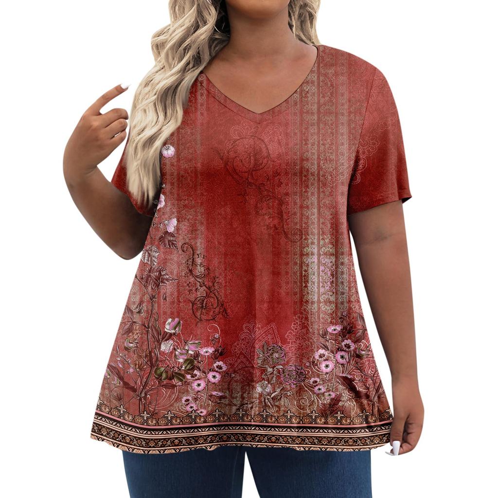 Womens Plus Size Tops Shorts Sleeve Shirts V Neck Casual Clothing Clothes Printed Tops