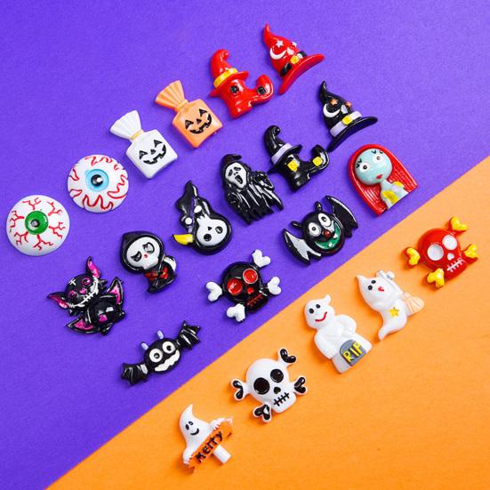 10Pcs Halloween Resin Flat Accessories Bat Back Cute Ghost Burst Skull Witch Mini Eyeball Ornament Mixed