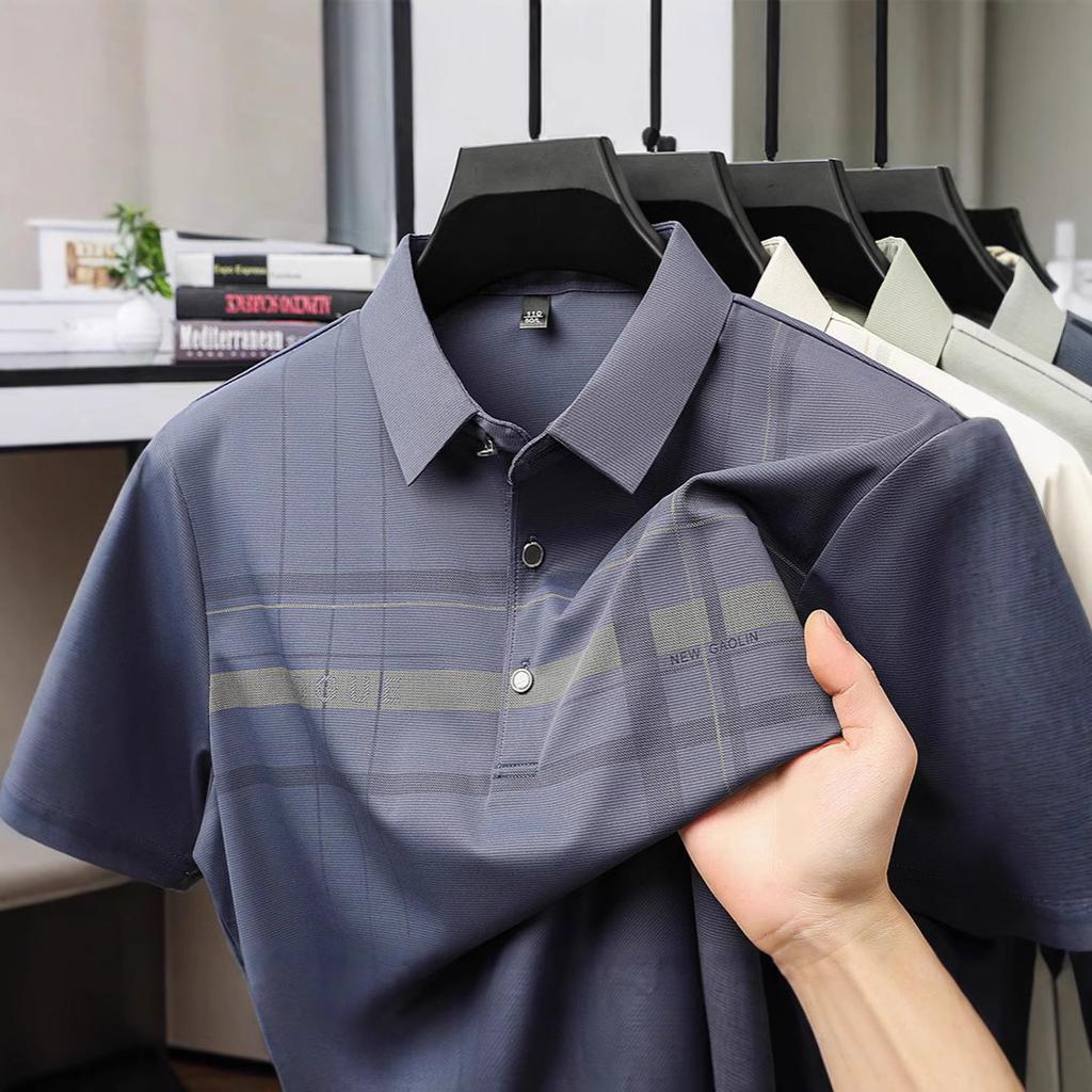 Summer Ice Silk Short Sleeved T-shirt Middle-aged Men's Lapel Top Base Shirt