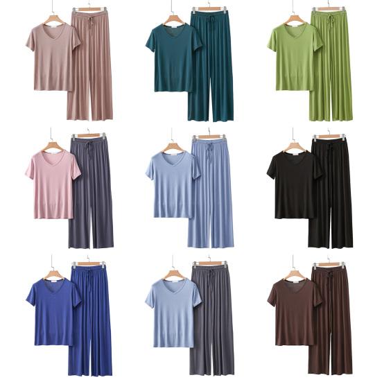 Dámská dvoudílná pyžamová souprava Ležérní topy s výstřihem do V a krátkým rukávem Pulovr Široké kalhoty Letní soupravy na doma