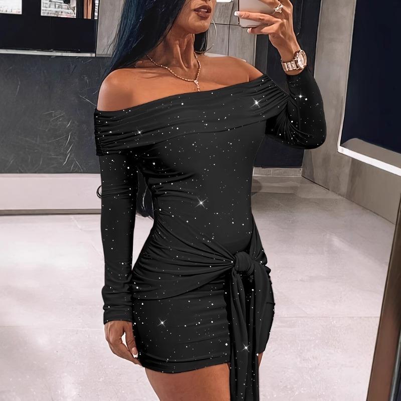 Herbst Damen Einfarbig Flash Einzeiliger Kragen Langärmeliges Schlankes Kleid