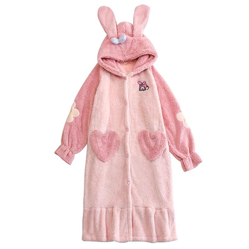 Dulce pijamale prințesă cu glugă, femei, iarnă, coral, catifea, groasă, drăguț, halat de baie, cămașă de noapte roz, kawaii, cu desene animate, îmbrăcăminte pentru acasă