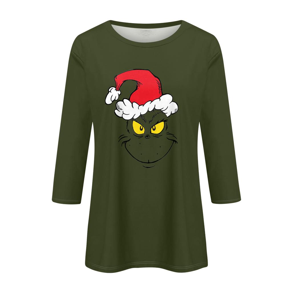 3/4 Sleeve Tops For Women T-Shirt Casual Christmas Print Tops T Shirt Round Neck Pullover Blouse