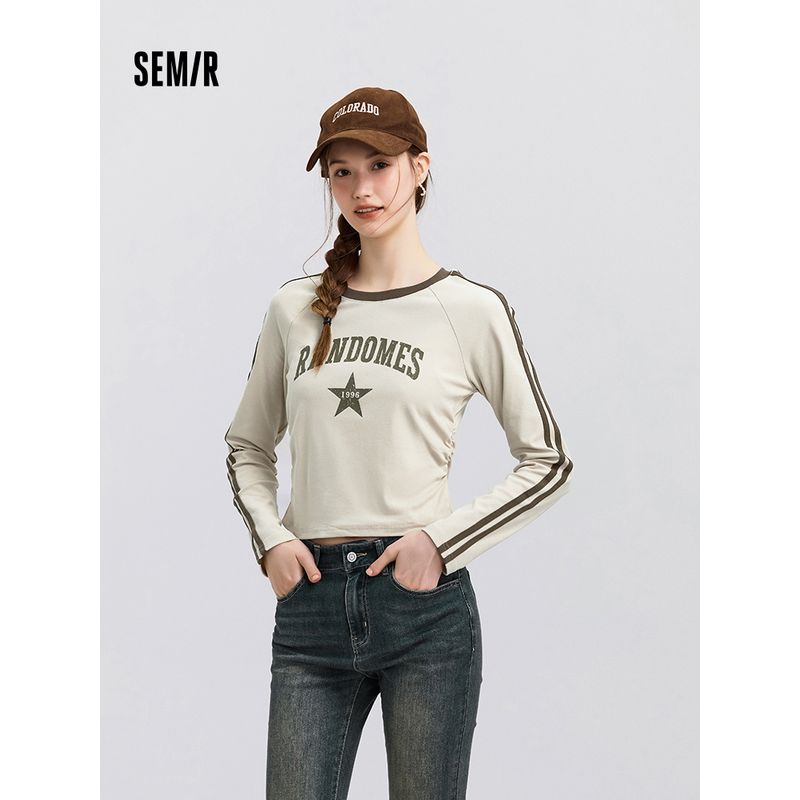 

Senma Long Sleeves T-shirt Women s Short Pattern Raglan Sleeve Tight Spring American Print Contrast Color Tops Retro Street Brown adjustment 00355 155/80A/S