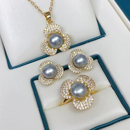 Korean Style Gold-Plated Freshwater Pearl Jewelry Set: Pendant, Earrings & Ring 8-9mm