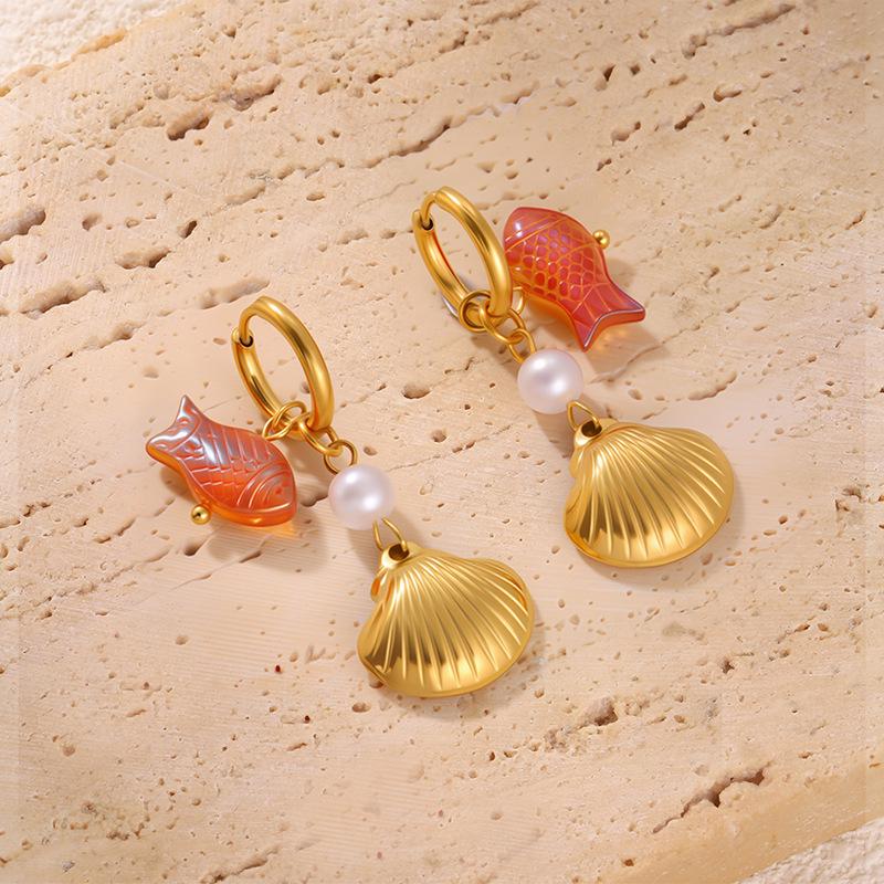 High-End Ocean Style Pearl Shell Hoop Earrings for Women - Elegant Stainless Steel Jewelry