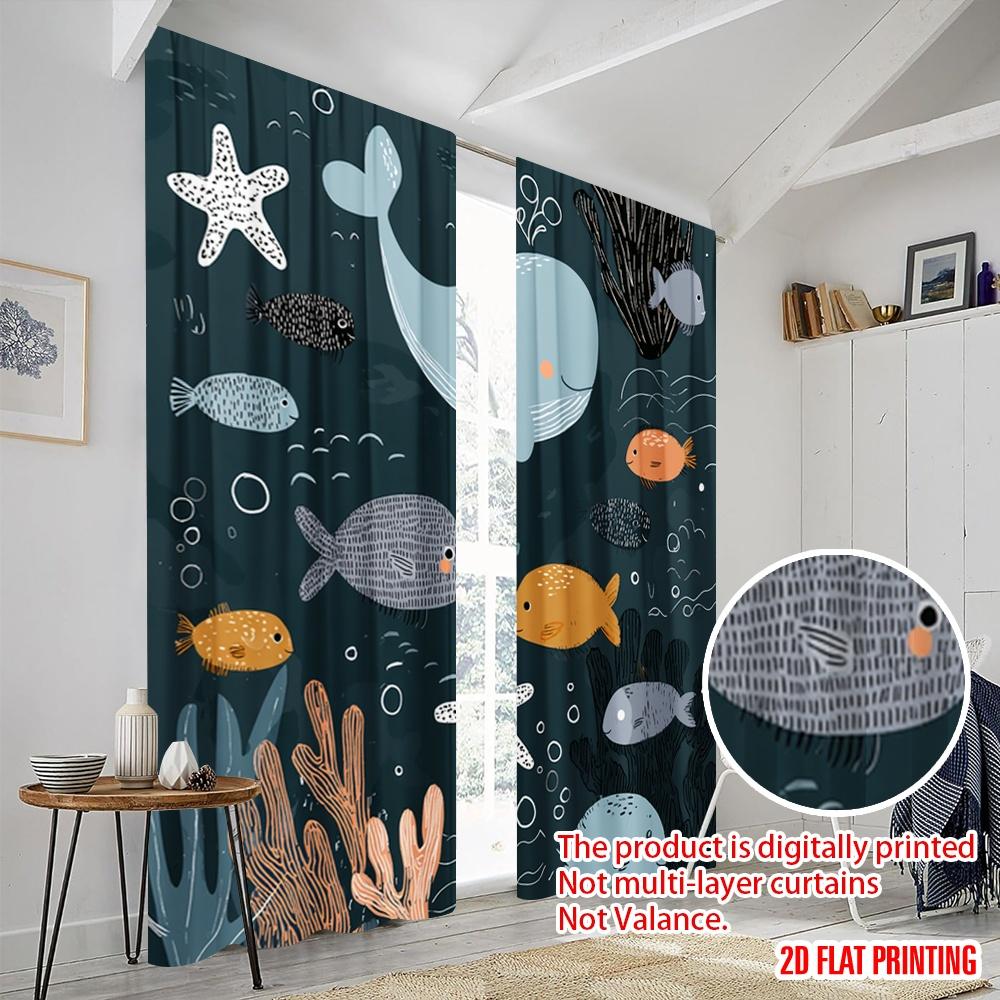 2pcs 2D flat printing Window Curtains Cute Ocean Creatures Cartoon Style Polyester Without Electricity Seasonal Party & Holiday