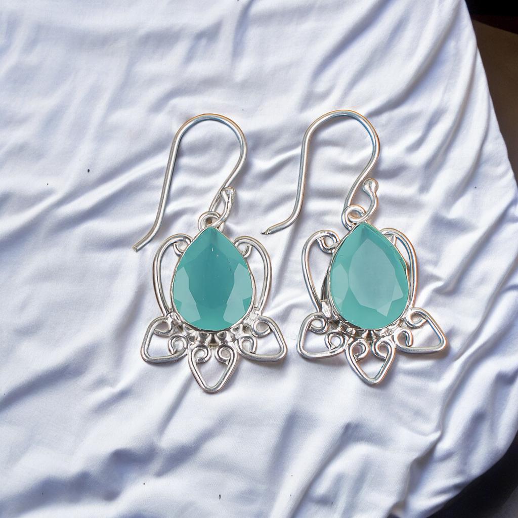 Aqua Chalcedony Gemstone 925 Sterling Silver Lovely Jewelry Earrings For Mother EE-40-17