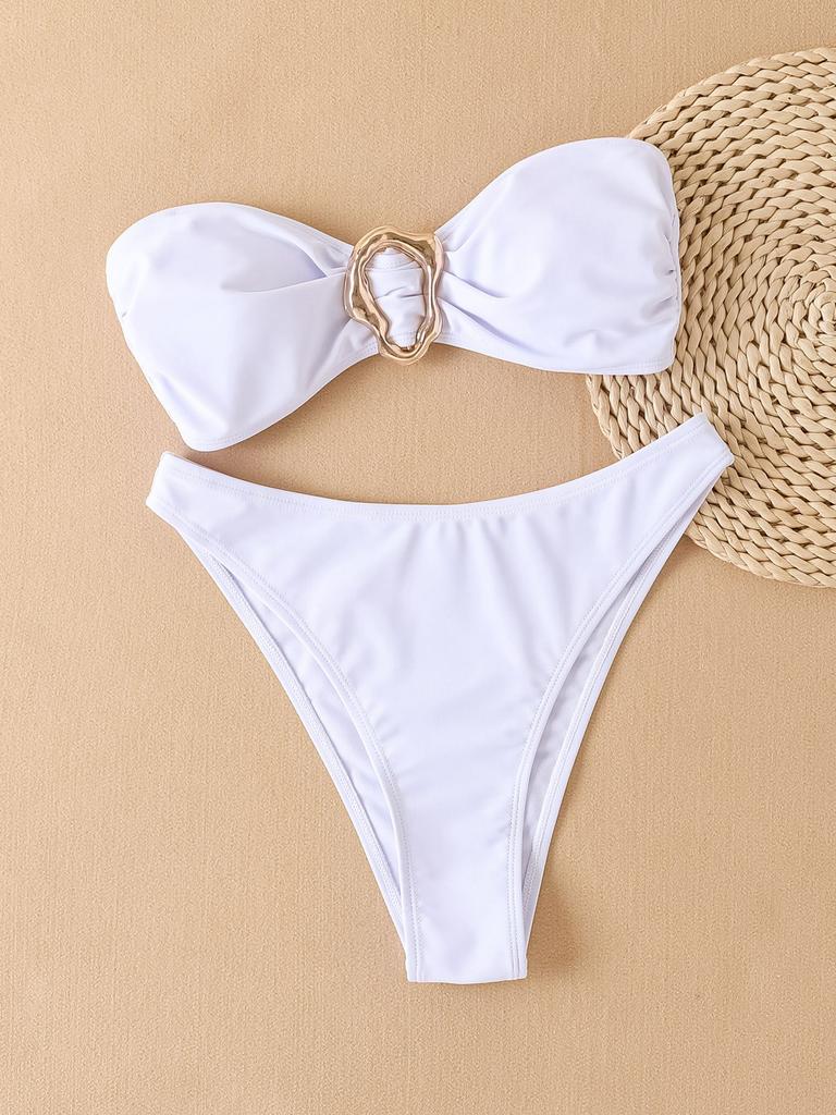 Solid Color Strapless Bandeau Sexy Split Bikini Swimsuit Women's Swimwear